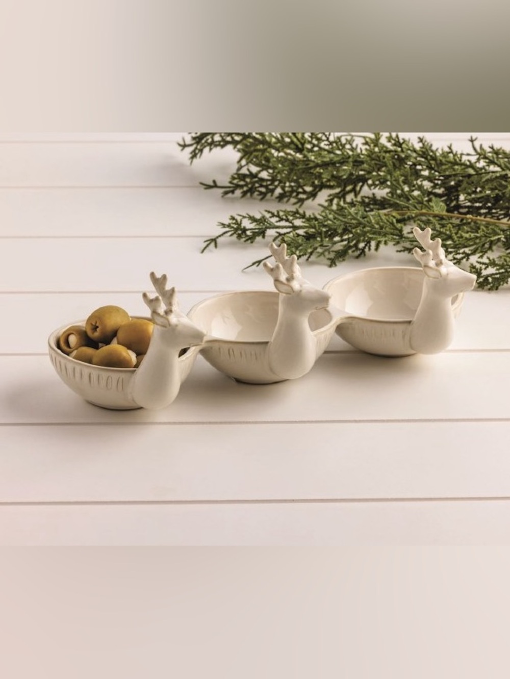 NWT Mud Pie Cream Reindeer Triple Serving Dish
